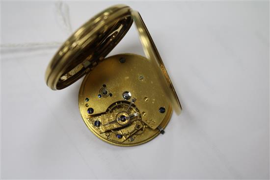 A Victorian 18ct open face mid size keywind pocket watch, with engraved Roman dial.